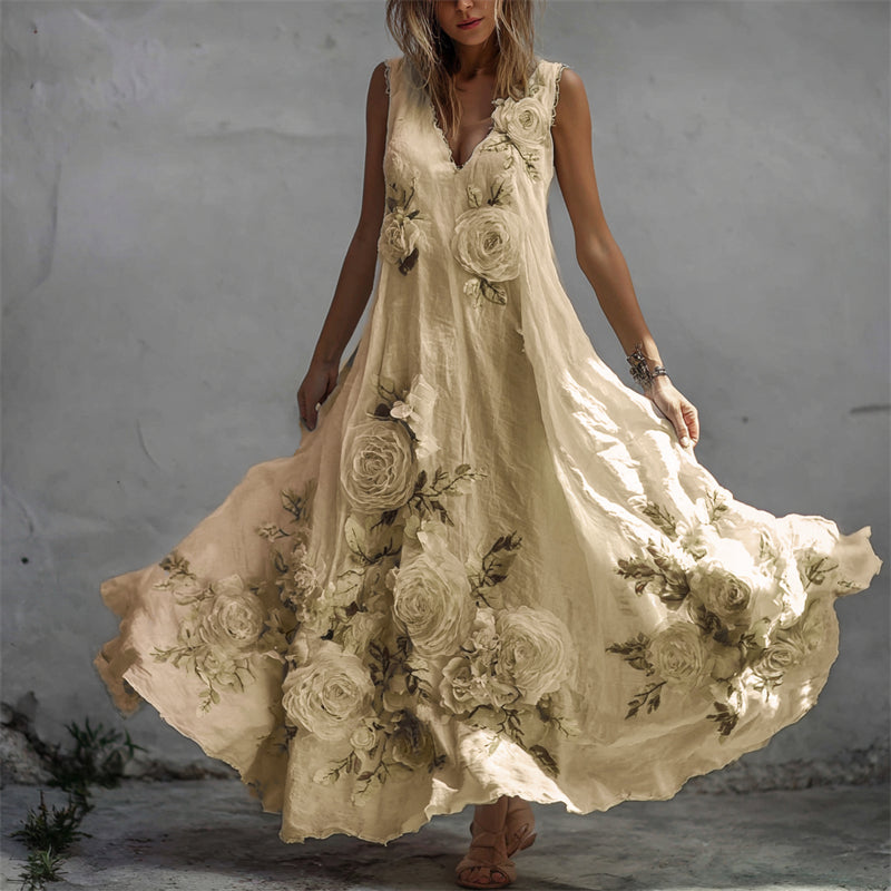 Vintage lenvászon maxi ruha fehér rózsás mintával