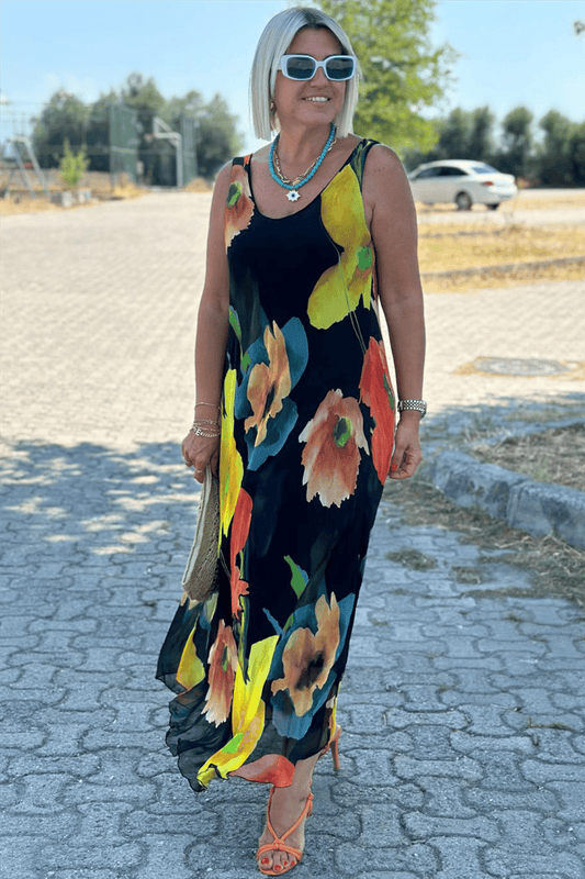 Virágmintás selyem sifon maxi ruha U-nyakkivágással
