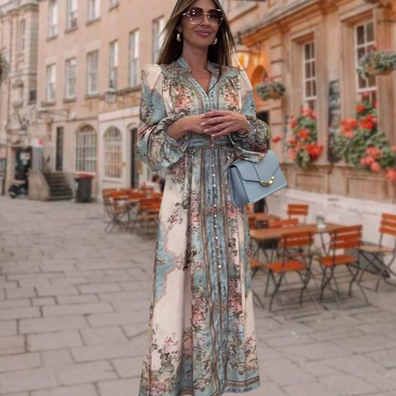 Elegáns ruha V-nyakkal, magas derekú, virágmintás és gombos mintával