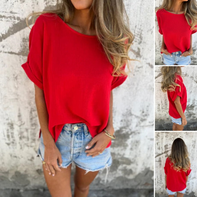 Egyszínű kerek nyakú rövid ujjú top