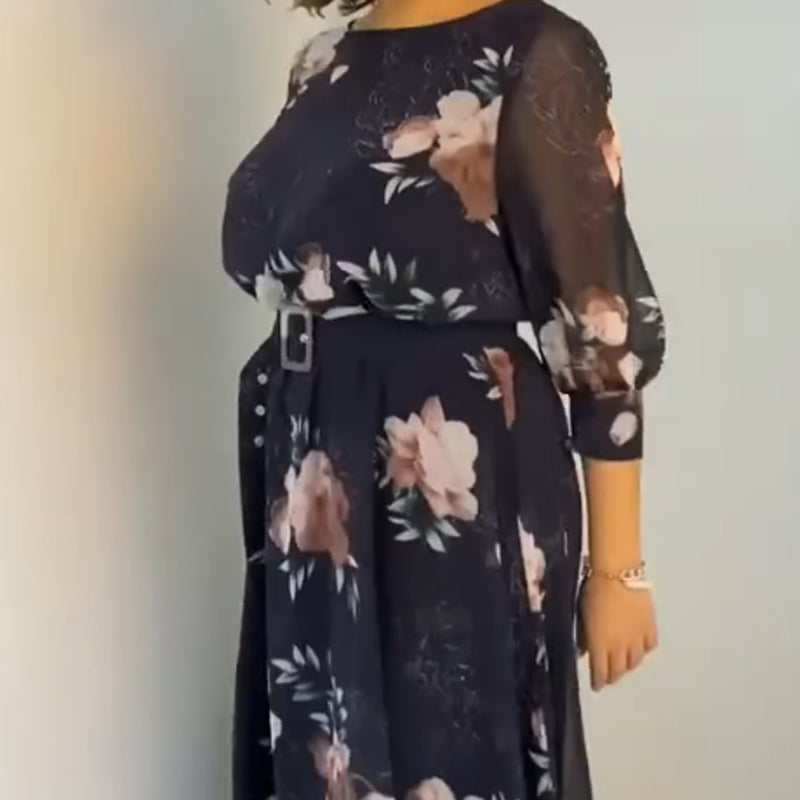 【S-4XL】🌺 Virágmintás, kerek nyakú ruha övvel