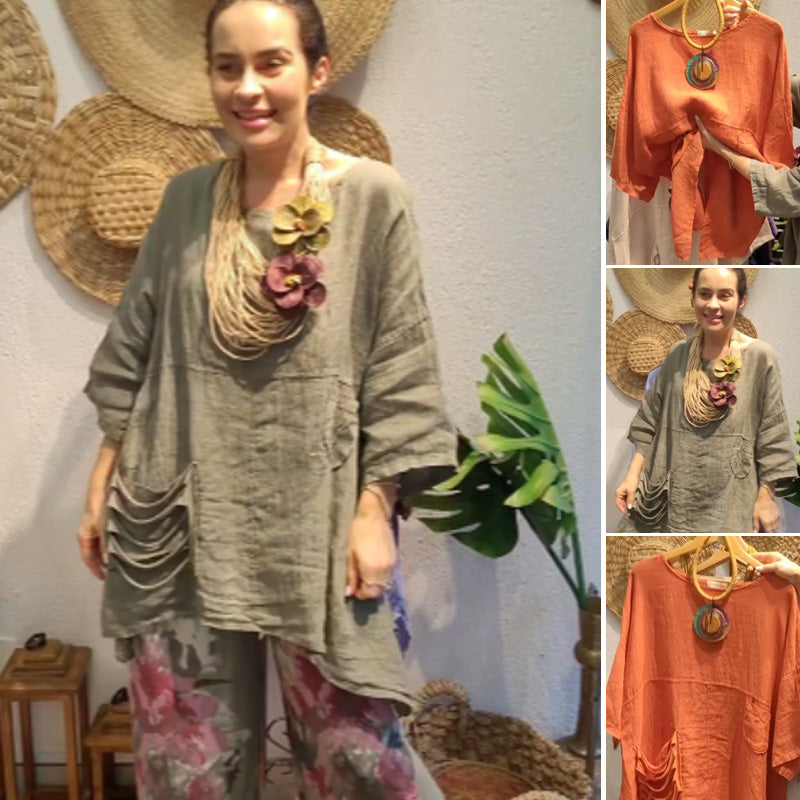 ✨Lenge felső oldalsó zsebekkel, laza szabású nőknek