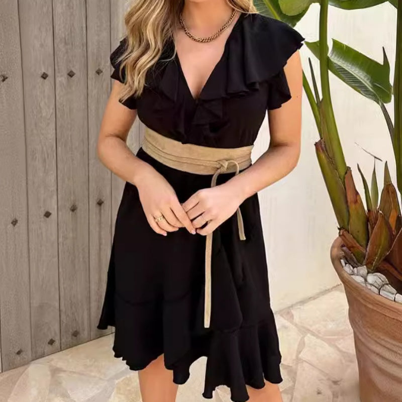 🔥Elegáns, megkötős derekú, V-nyakú, fodros női ruha