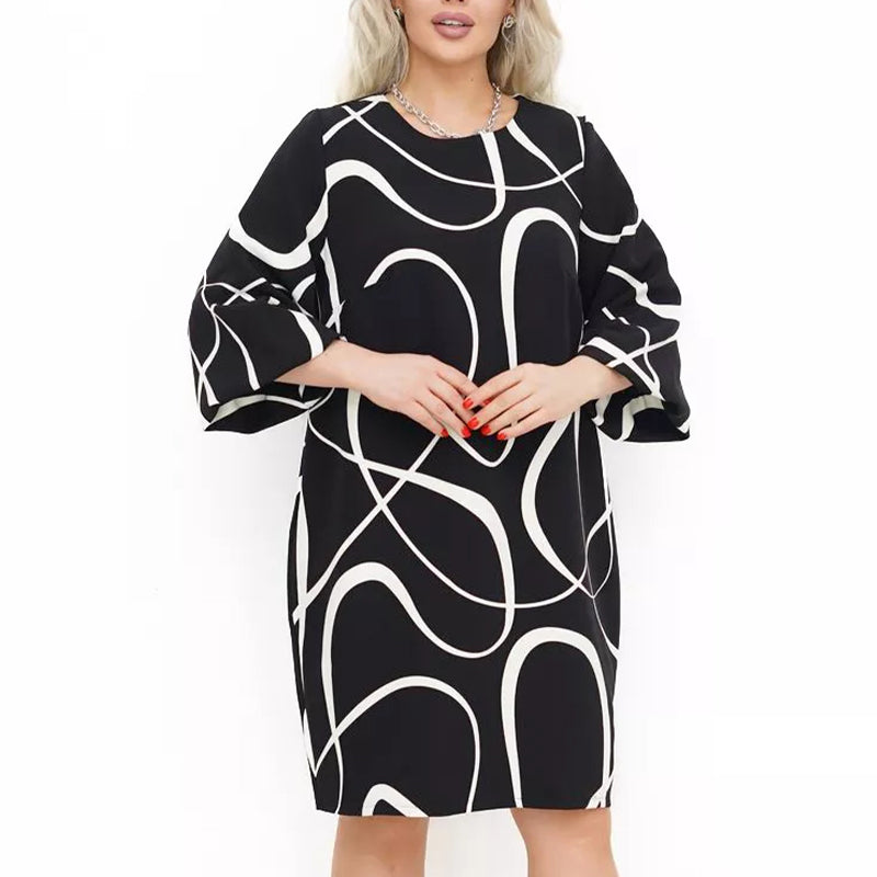 🌸 Mintás ruha kerek nyakkal és hétnegyedes ujjakkal