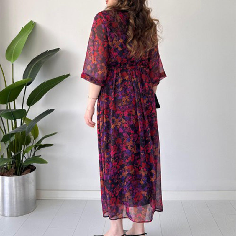 🌺 Női elegáns, mintás, laza maxi ruha