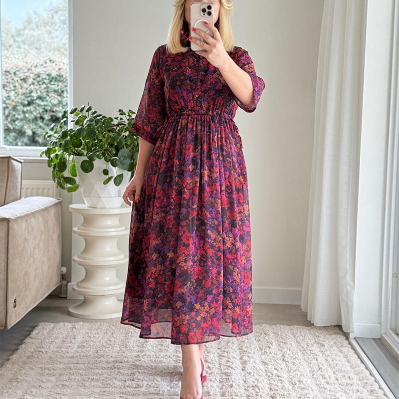 🌺 Női elegáns, mintás, laza maxi ruha