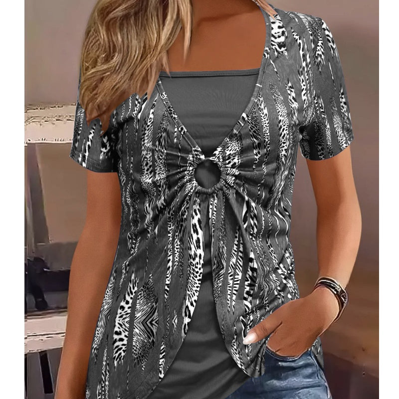 🔥Női Vintage Négyzetnyakú Leopárdmintás Rövid Ujjú Póló