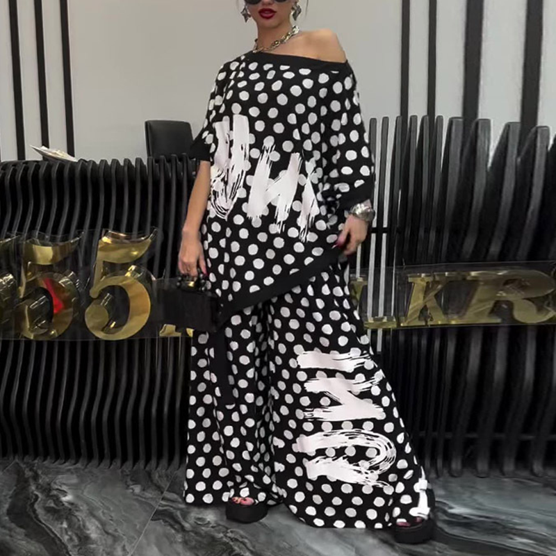 2 részes szett: túlméretezett felső és bő szárú nadrág nőknek