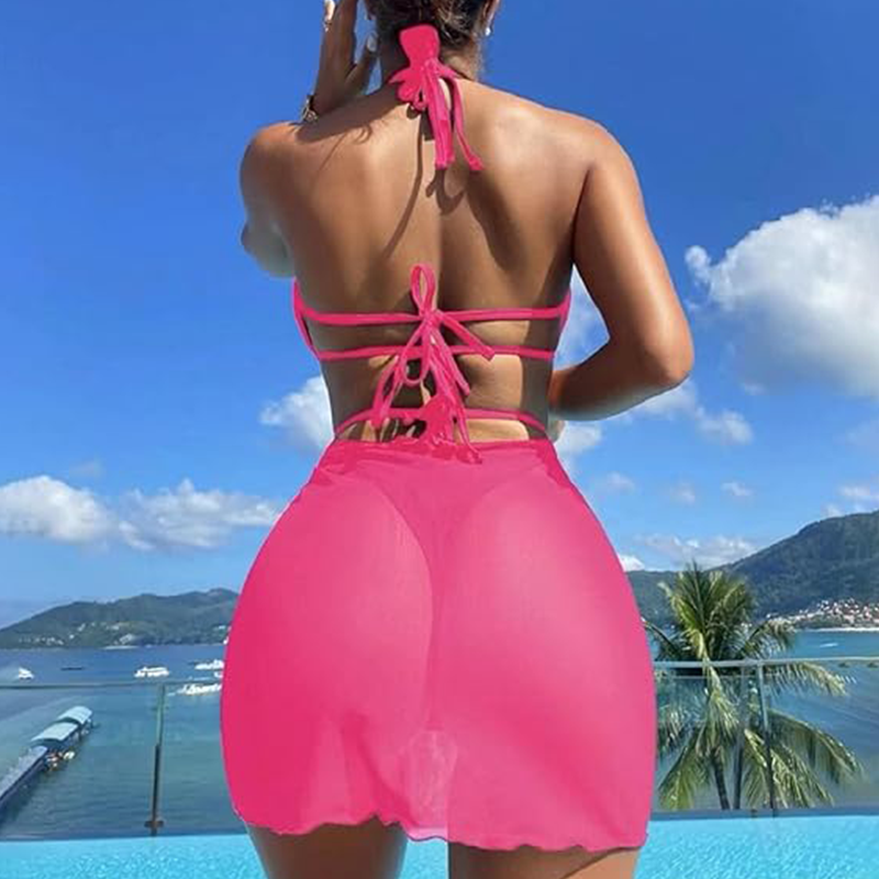 ✨Kereszt és korona nyaklánc👑👙Egyszínű, pántnélküli bikini 3 darabos szett