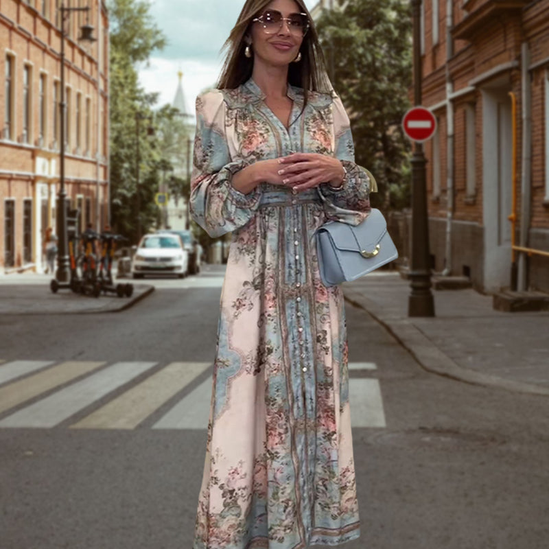 Elegáns ruha V-nyakkal, magas derekú, virágmintás és gombos mintával