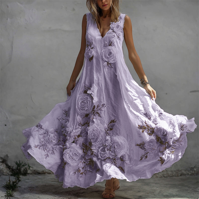 Vintage lenvászon maxi ruha fehér rózsás mintával