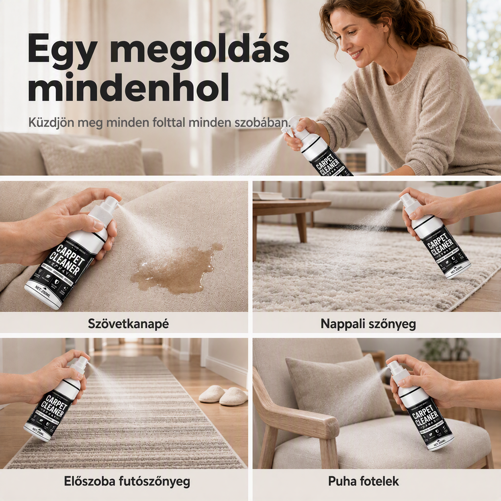 ⚡ Ipari hatékonyság, azonnali eredmény🧹 Szőnyegmélytisztító spray – mikrobuborék-technológia + anyagbarát | Szőnyegekhez, kanapékhoz és autó belső teréhez alkalmas, semlegesíti a kellemetlen szagokat ✨