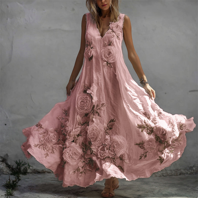 Vintage lenvászon maxi ruha fehér rózsás mintával