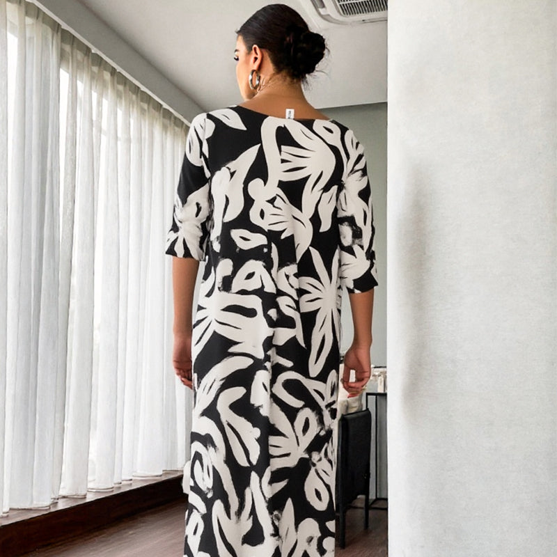 🌼Elegáns, bő, kerek nyakú, mintás női ruha