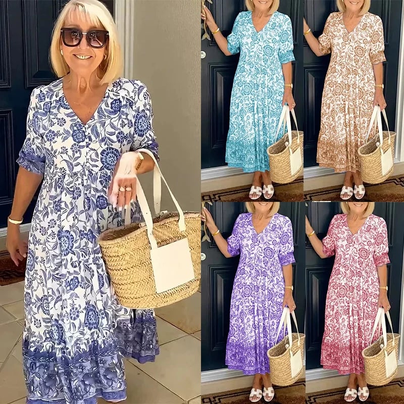 Mintás ruha V-nyakkal, elegáns és stílusos