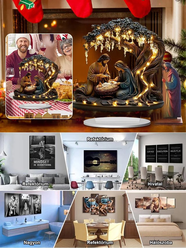 Újszülött lapos asztaldísz karácsonyi jelenettel