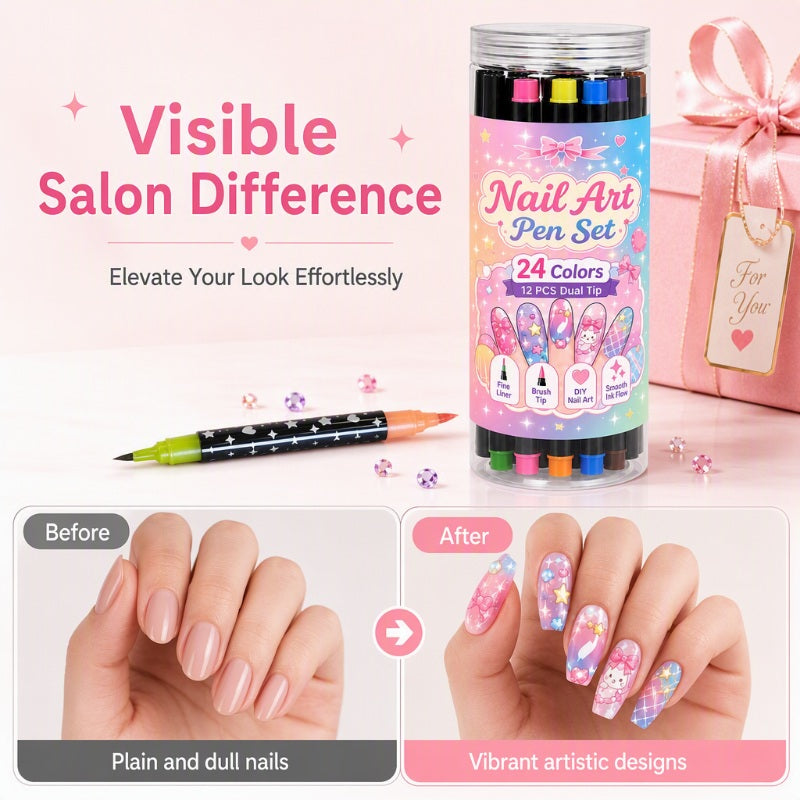 💅 KORLÁTOZOTT IDEIG 50% KEDVEZMÉNY! 💥 24 db színes, kétvégű körömdíszítő toll készlet – kreatív, szalonminőségű, könnyen elkészíthető saját kezűleg ✨