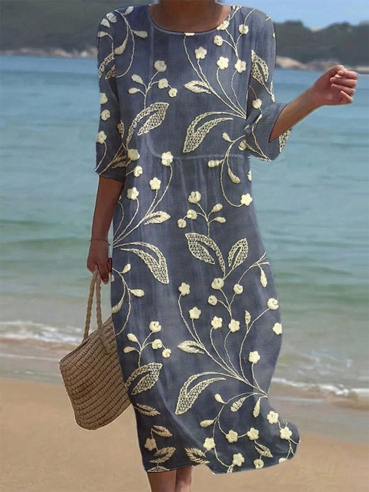 Női egyszínű, kerek nyakú, félig virágmintás pamut és lenvászon ruha