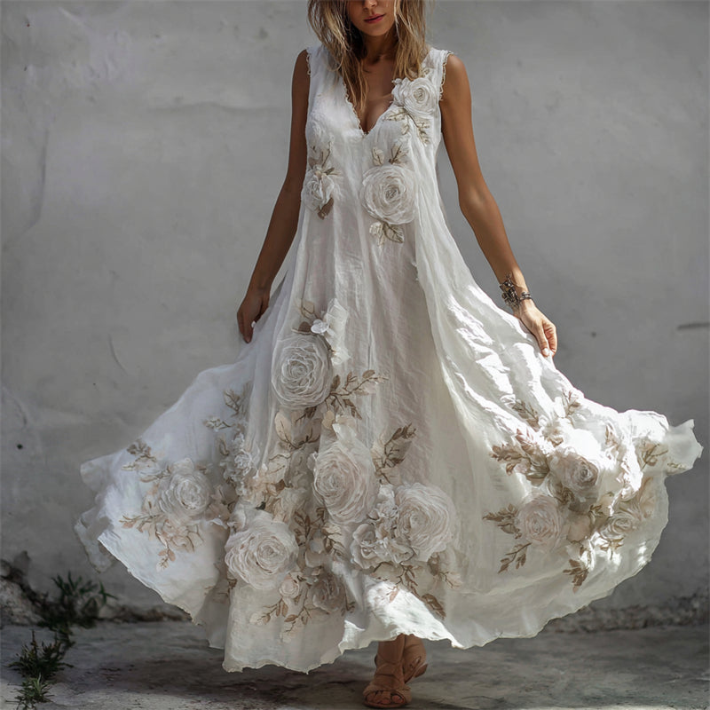 Vintage lenvászon maxi ruha fehér rózsás mintával