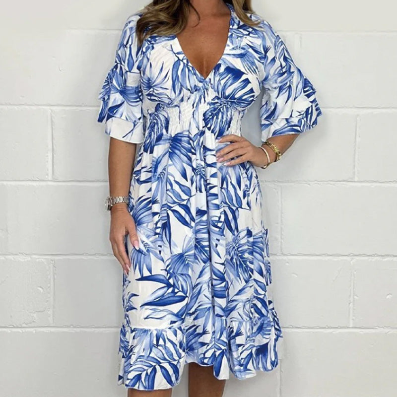 👗✨ Női Elegáns V-nyakú Ruhák Botanikai Mintázattal