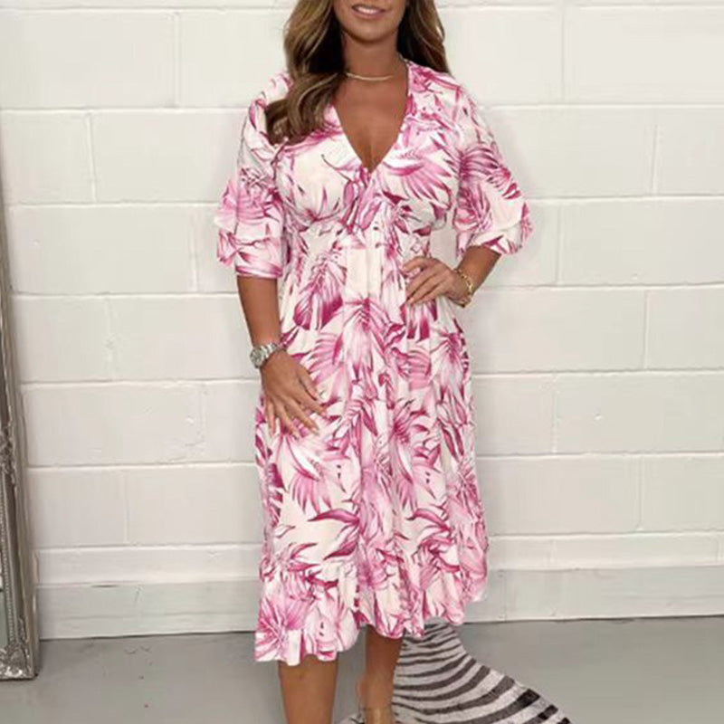 👗✨ Női Elegáns V-nyakú Ruhák Botanikai Mintázattal