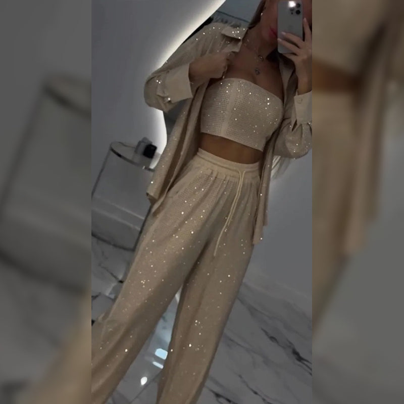 Gyönyörű blézer, kényelmes béléssel és bő szárú nadrággal (3 részes)