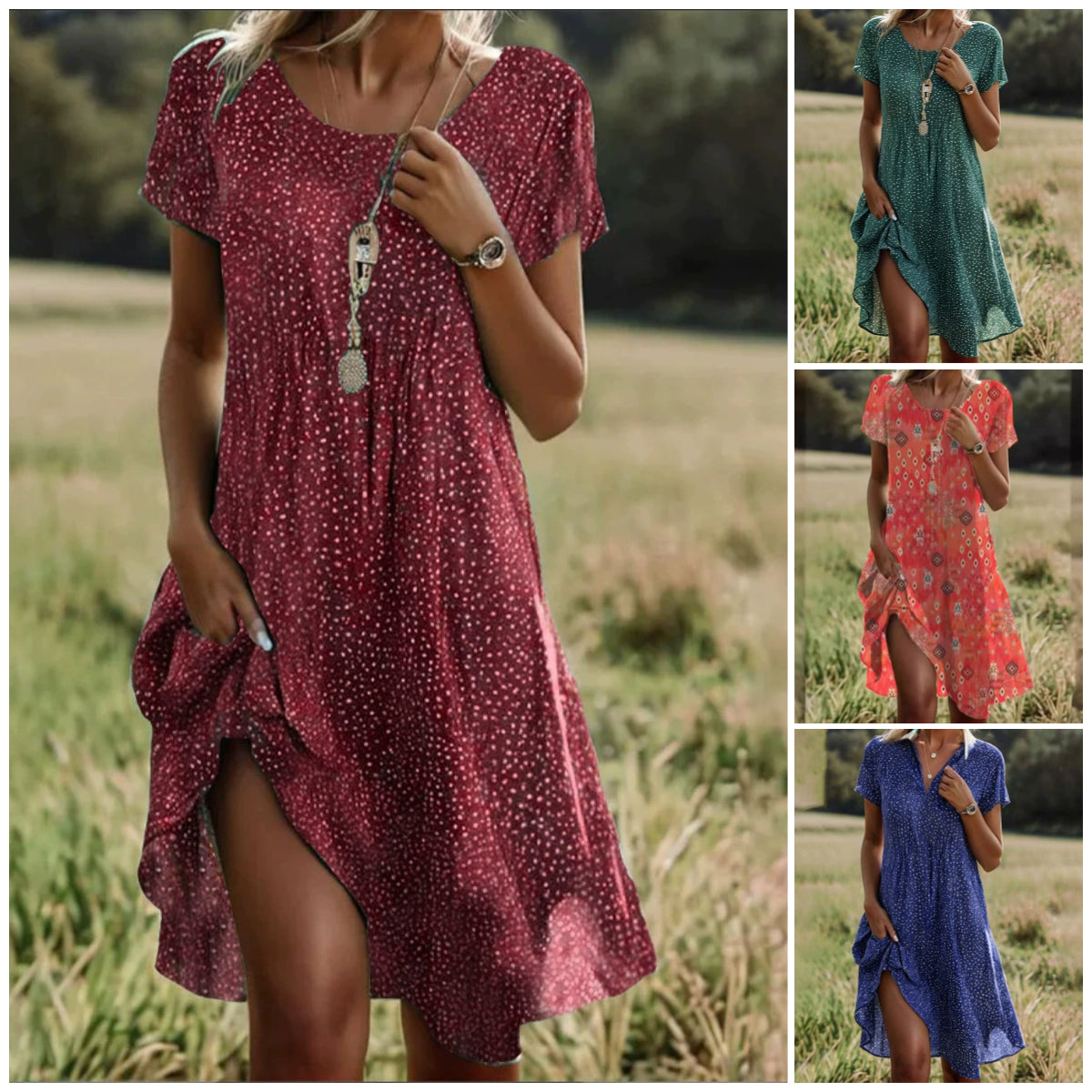 🌸Elegáns zöld, rövid ujjú, midi ruha pöttyökkel