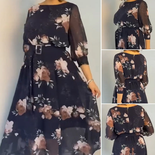 【S-4XL】🌺 Virágmintás, kerek nyakú ruha övvel