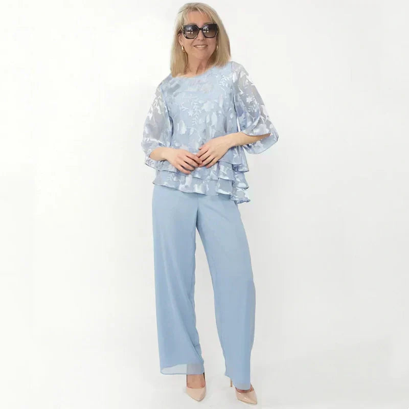 Elegáns női felsők megkötővel és bő nadrággal egy szettben