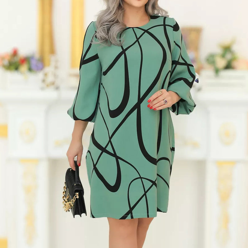 🌸 Mintás ruha kerek nyakkal és hétnegyedes ujjakkal