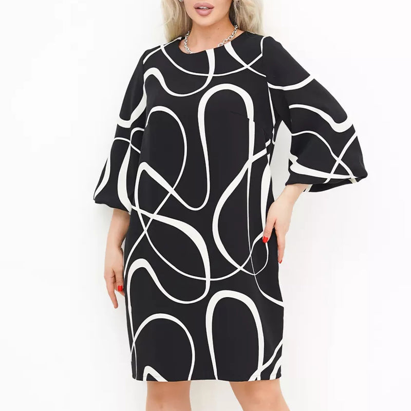 🌸 Mintás ruha kerek nyakkal és hétnegyedes ujjakkal