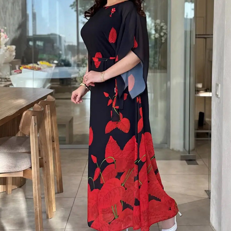 👗 Lengzős, kerek nyakú, öves ruha 🌸 | Virágminta | Állítható sziluett