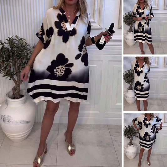 🌸😘Női bő ruha mintával és mély V-nyakkal🔥