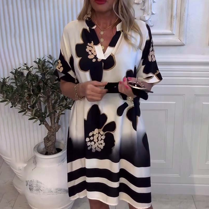 🌸😘Női bő ruha mintával és mély V-nyakkal🔥