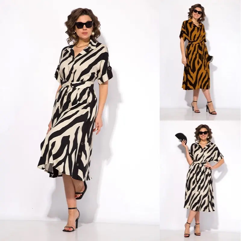 ✨🦓V-nyakú ruha mintás pántokkal és derékkal