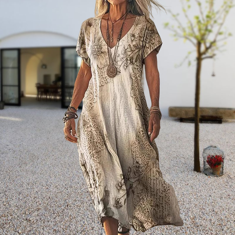 ✨Női rövid ujjú, mintás, V-nyakú ruha