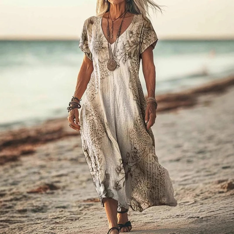 ✨Női rövid ujjú, mintás, V-nyakú ruha