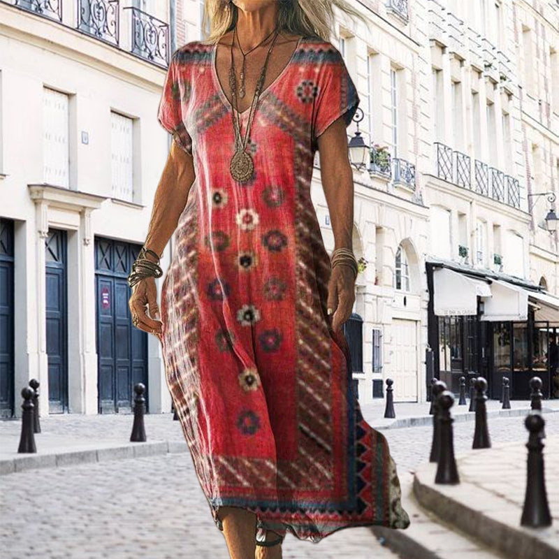 ✨Női rövid ujjú, mintás, V-nyakú ruha