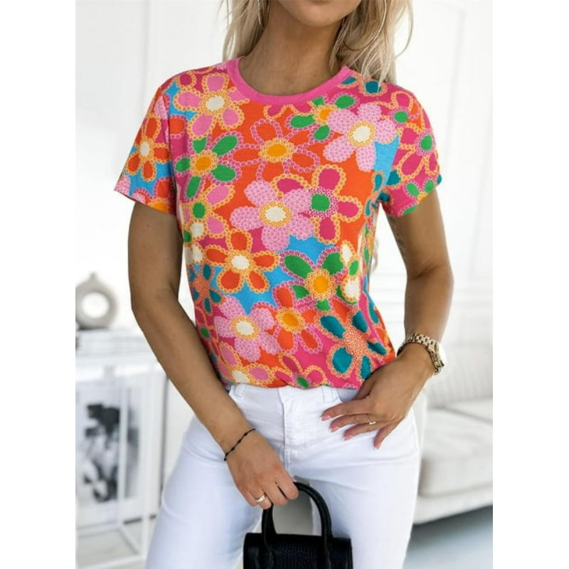 Női rózsaszín virágmintás póló