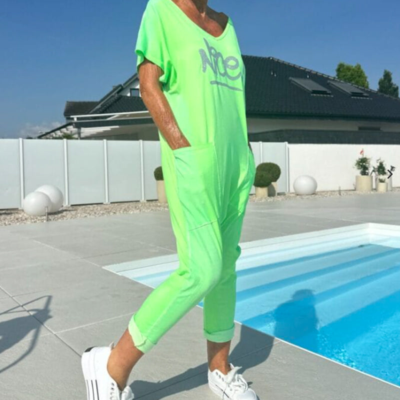 💖【S~5XL】Zsebes női nyomtatott betűs, plus size lezser overál