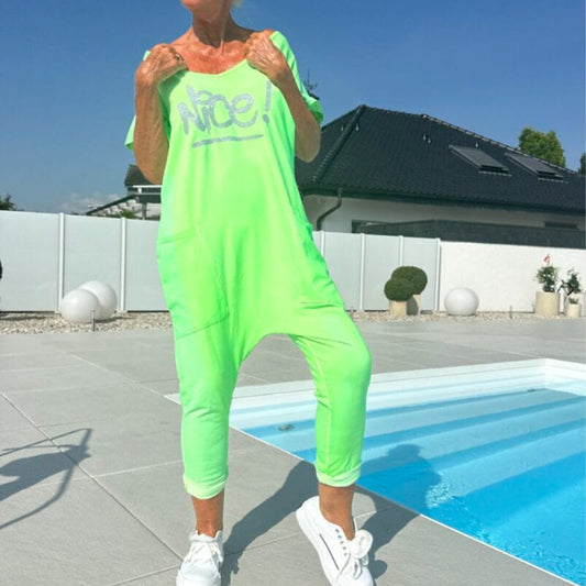 💖【S~5XL】Zsebes női nyomtatott betűs, plus size lezser overál