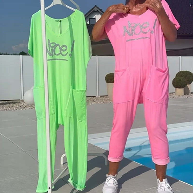 💖【S~5XL】Zsebes női nyomtatott betűs, plus size lezser overál