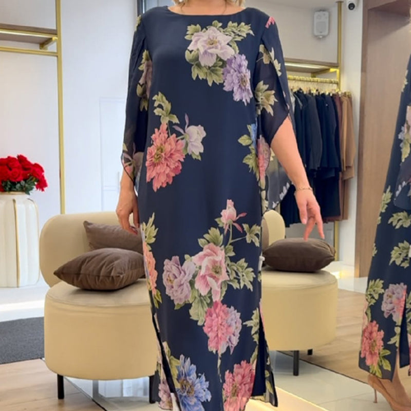 Elegáns hosszú női ruha nyomtatott nyakkivágással