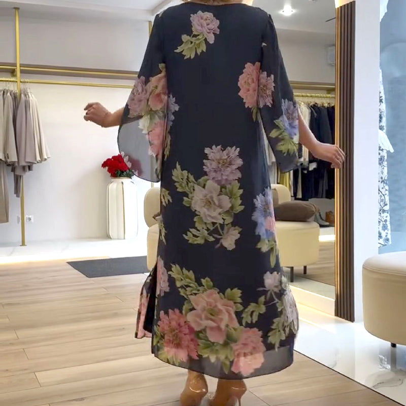 Elegáns hosszú női ruha nyomtatott nyakkivágással