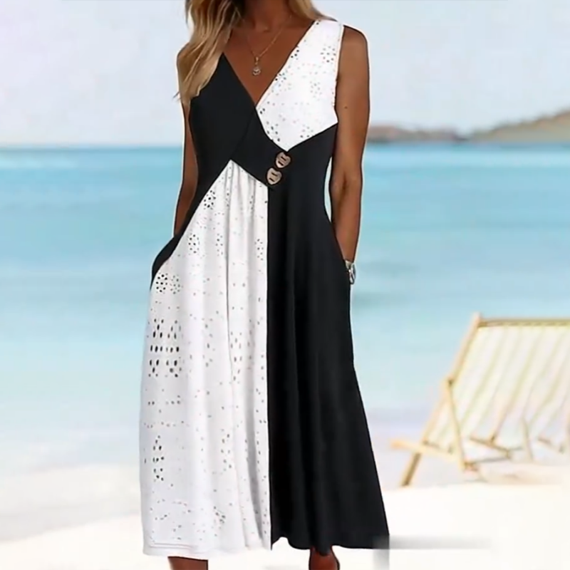 👗 Elegáns női ruha szív alakú nyakkivágással és modern patchworkkel