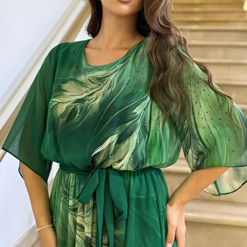 Mintás, kerek nyakú maxi ruha övvel