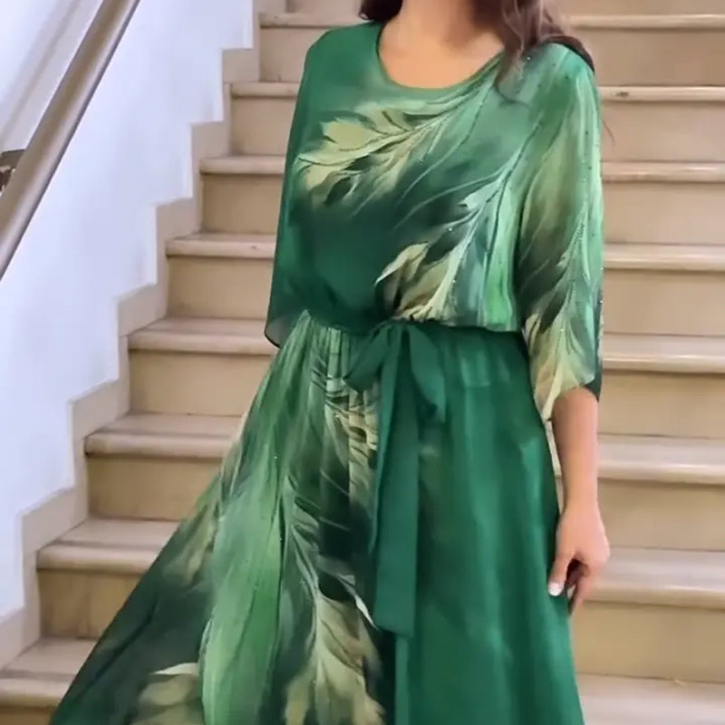 Mintás, kerek nyakú maxi ruha övvel