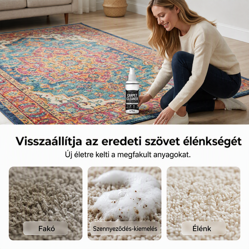 ⚡ Ipari hatékonyság, azonnali eredmény🧹 Szőnyegmélytisztító spray – mikrobuborék-technológia + anyagbarát | Szőnyegekhez, kanapékhoz és autó belső teréhez alkalmas, semlegesíti a kellemetlen szagokat ✨